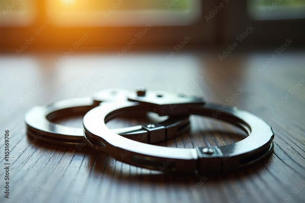 Handcuffs resting on a wooden table with a blurred background, symbolizing restraint and the complexity of freedom and confinement. Handcuffs resting on a wooden table with a blurred background, symbolizing restraint and the complexity of freedom and confinement.