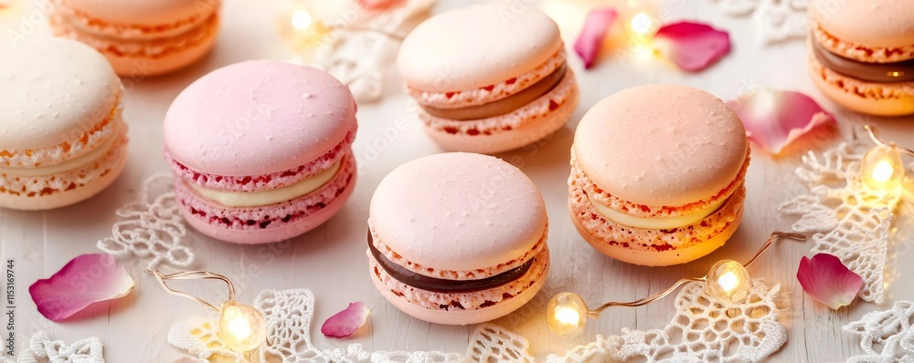 Fototapeta premium delicious pastel macarons with fairy lights - - pastel colors