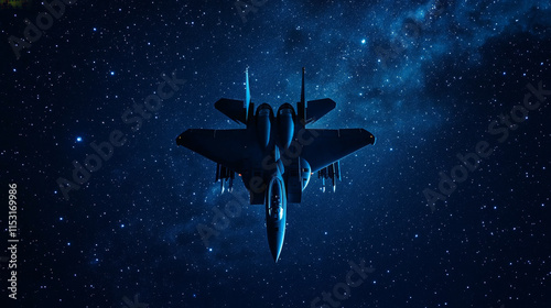 Fighter. A grid of blue stars in the night sky. Points of light create the shape of the fighter. Airplane, army, aviation, air and other concepts illustration or background