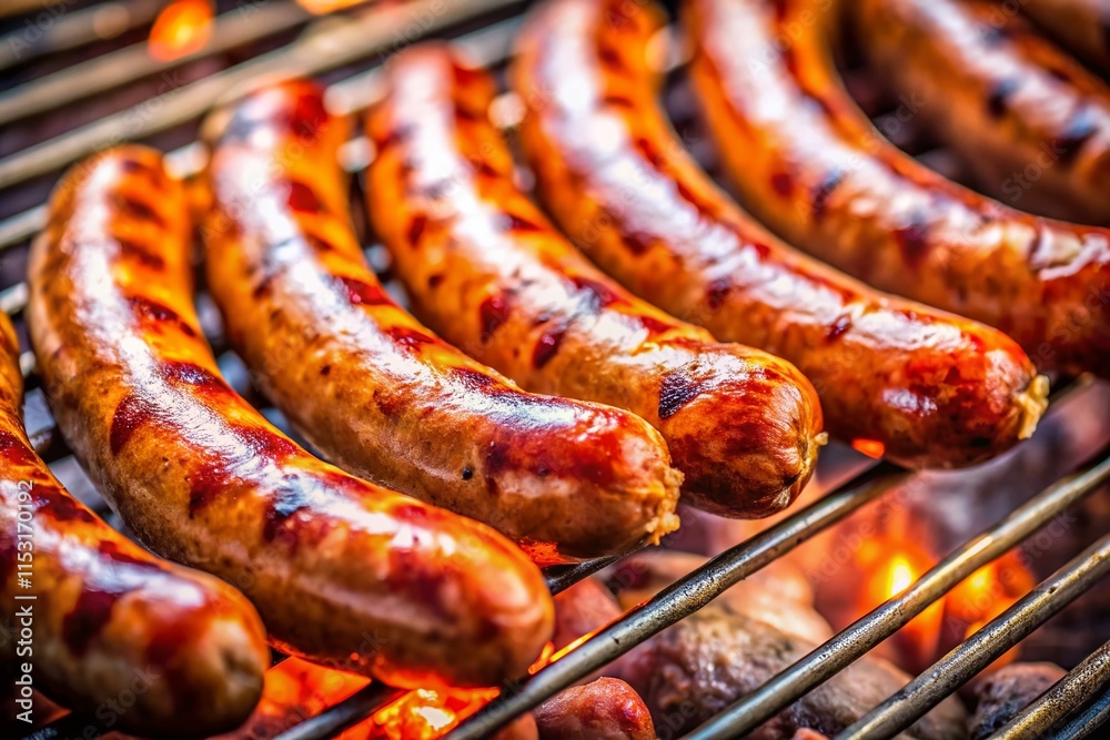 Fototapeta premium Juicy Grilled Sausages: Close-Up Documentary Photography of Sizzling Summer Food