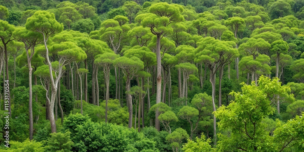 Vibrant Green Forest with Towering Pine Trees Under Clear Sky, Showcasing Lush Foliage and Natural Serenity in a Pristine Environment Vibrant Green Forest with Towering Pine Trees Under Clear Sky, Showcasing Lush Foliage and Natural Serenity in a Pristine Environment
