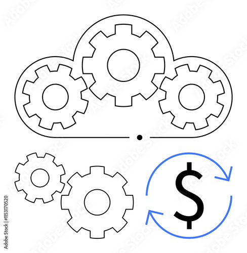 Cloud with gears representing integration and automation with a dollar symbol and circular arrows indicating financial processes. Ideal for tech, finance, business, IT, cloud services, automation