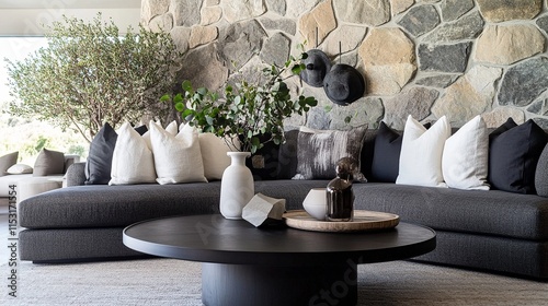 Cozy Living Room with Stone Wall, Charcoal Gray Sofa, White Pillows, and Black Coffee Table photo