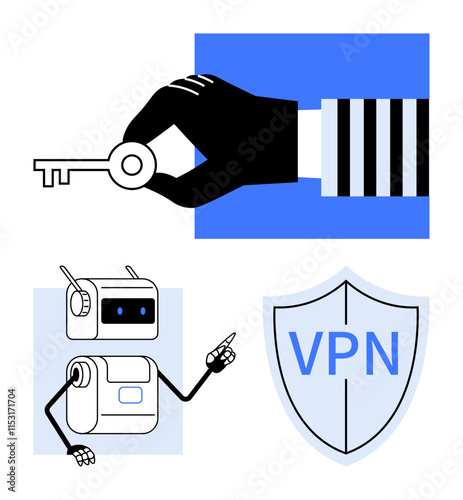 Hand holding key robot pointing, VPN shield representing cybersecurity. Ideal for technology, security, data encryption, AI, internet privacy, network safety, and information protection themes. Line