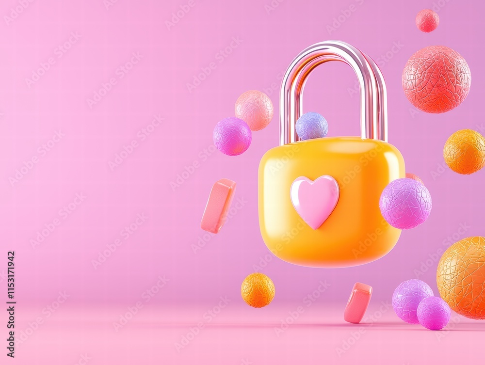 Obraz premium A colorful padlock with a heart in a vibrant, playful setting, symbolizing love and security.