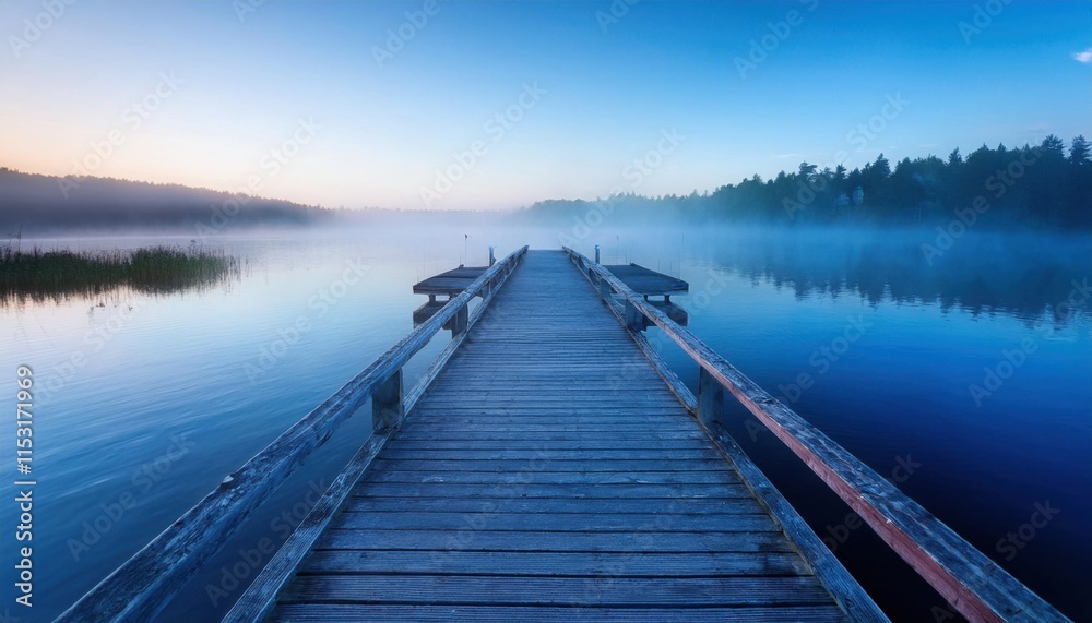 Fototapeta premium Serene Misty Lake Wooden Dock Sunrise - Tranquil nature scenes
