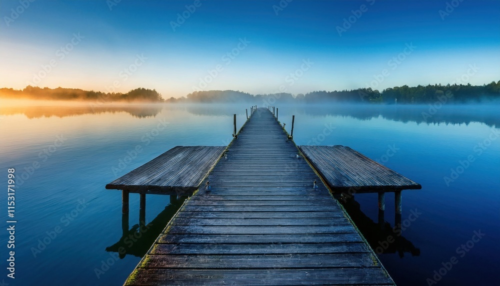 Obraz premium Serene Sunrise Lake Pier, Misty Morning - • Tranquility and Mindful.
