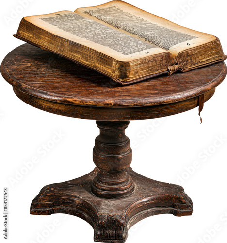 Antique wooden table with an open book