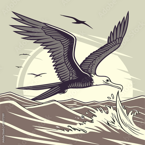Frigatebird flying over ocean, catching fish, vibrant vector artwork.