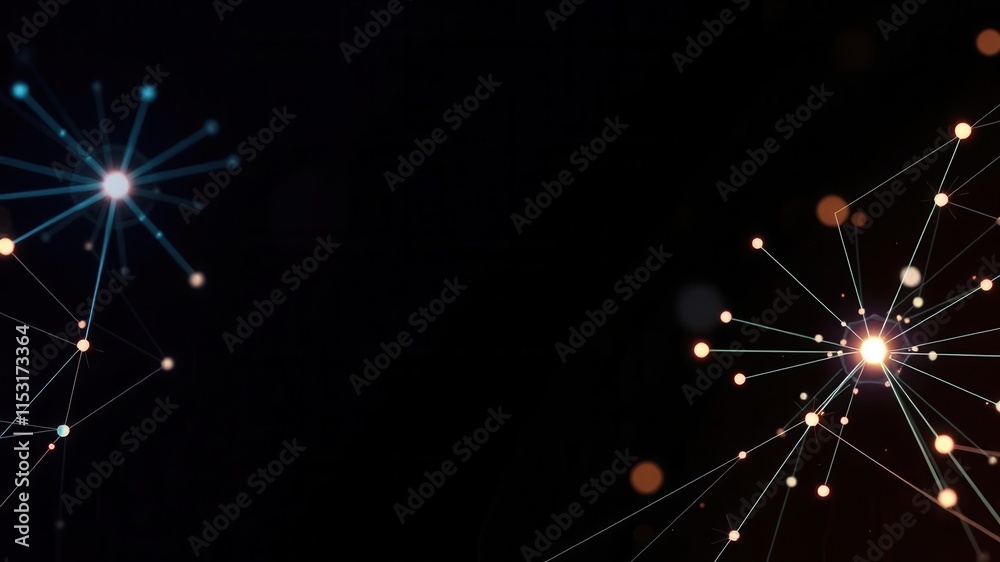 Obraz premium Abstract Digital Background with Glowing Starbursts and Lines Connecting Points in a Dark Space for Technology and Innovation Themes