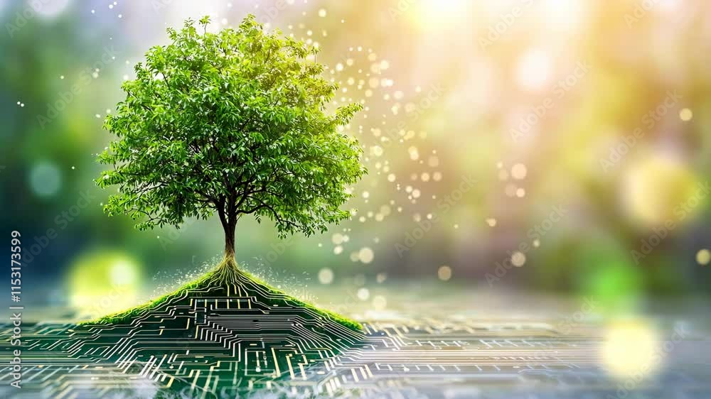 A tree growing on the converging point of a computer circuit board symbolizes the harmonious integration of nature and technology