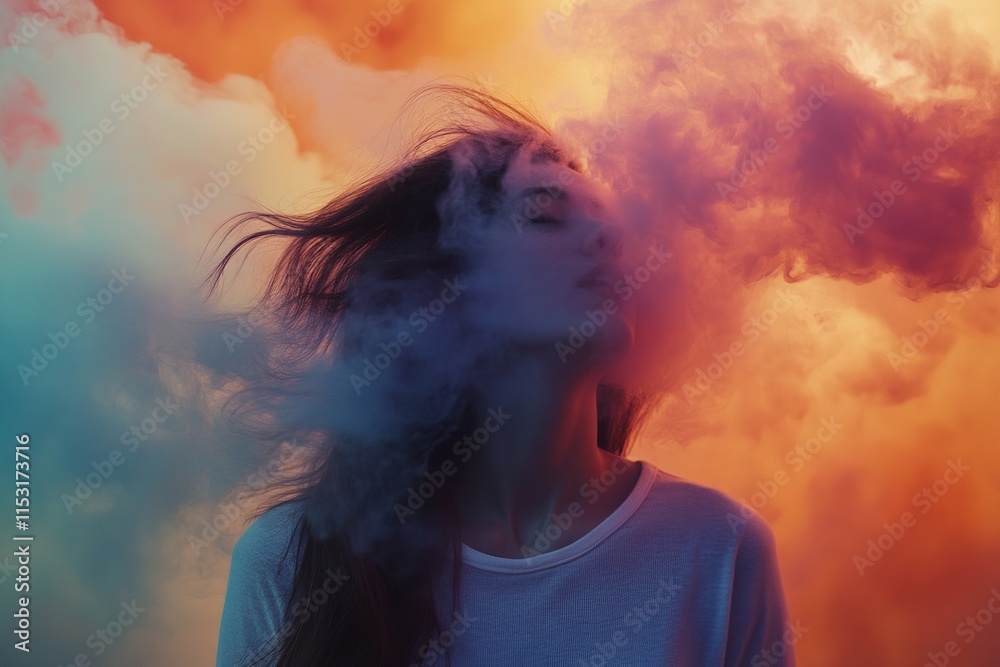 Dreamlike Portrait of a Woman with Flowing Hair Merging into Ethereal, Colorful Clouds Dreamlike Portrait of a Woman with Flowing Hair Merging into Ethereal, Colorful Clouds
