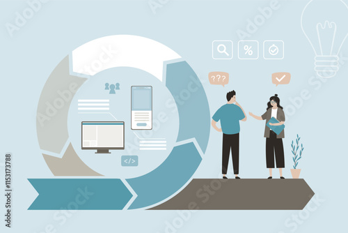 Agile methodology, business project development process, daily decisions management method. Colleagues talking, team with tools and devices at work near flexible circular arrow.