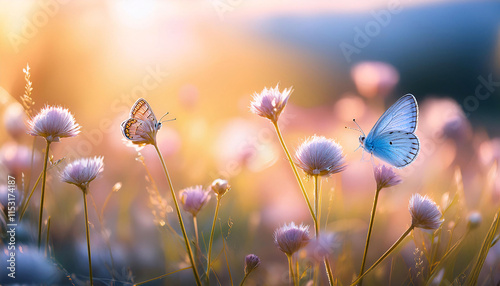 In a serene meadow bathed in warm sunlight, a delicate wildflower sways gently, accompanied by a vibrant blue butterfly hovering nearby. Nature's beauty unfolds in harmony