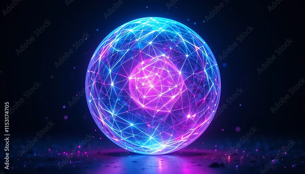 Neon Sphere: A Glowing Orb of Interconnected Lines and Nodes in Vivid Pink and Blue Hues Neon Sphere: A Glowing Orb of Interconnected Lines and Nodes in Vivid Pink and Blue Hues