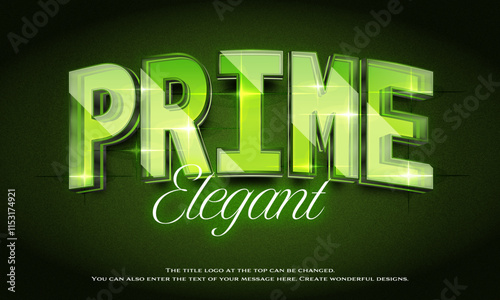 ”Prime Elegant” Editable title logo text style effect in green glowing glass neon, sans serif typeface
