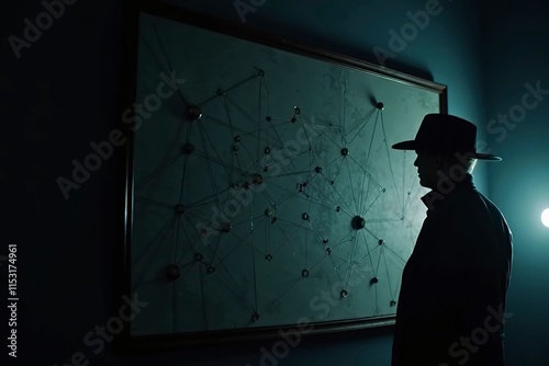 Dark shadowy detective investigation board with connected strings, showcasing intricate problem-solving and strategic thinking in unraveling complex mysteries.