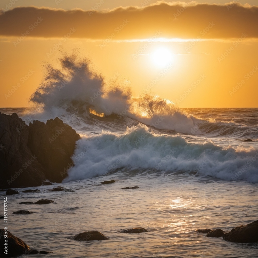 Obraz premium A dynamic scene of ocean waves crashing against rocks, with the golden hues of a setting sun reflected on the water.
