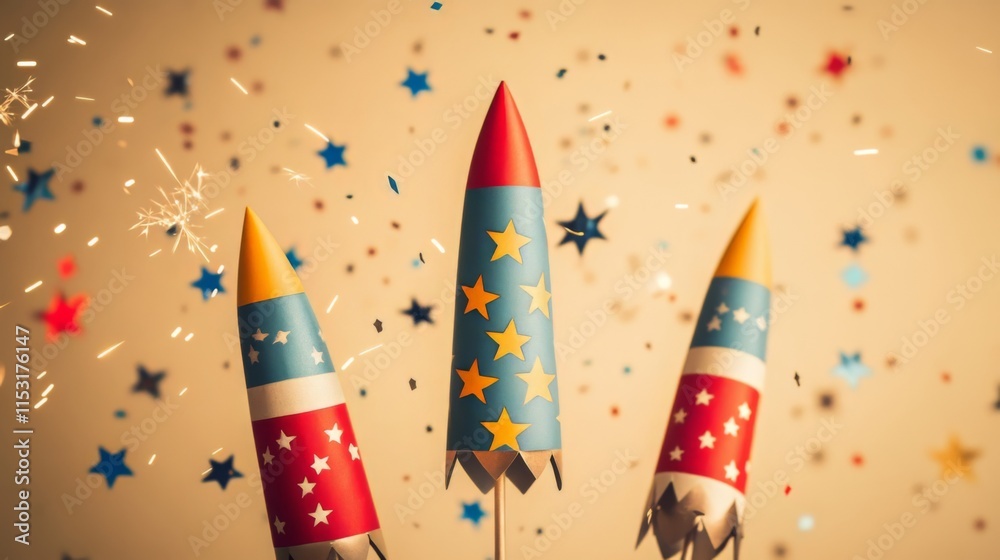 Colorful Paper Rockets with Sparkles - A Festive Celebration Colorful Paper Rockets with Sparkles - A Festive Celebration