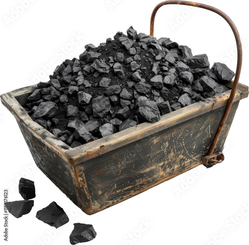 A rustic cart filled with black coal.