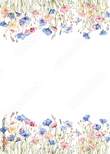 botanical frame of wildflowers on a white watercolor background