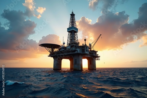 Oil drilling platform standing tall in the vast ocean, symbolizing human innovation and the quest for energy amidst nature's vastness.