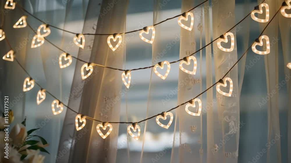 A string of glowing heart-shaped fairy lights draped across a soft, sheer fabric backdrop.