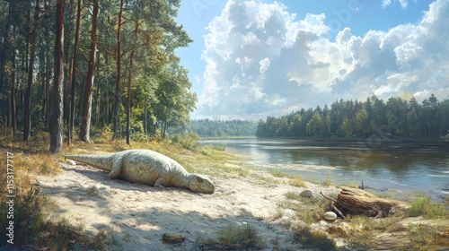 A serene riverbank scene featuring a large prehistoric creature resting in a lush forest.