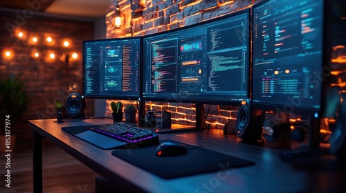 Wallpaper Mural Modern Workspace With Multiple Monitors and Ambient Lighting in Home Office. Generative AI Torontodigital.ca