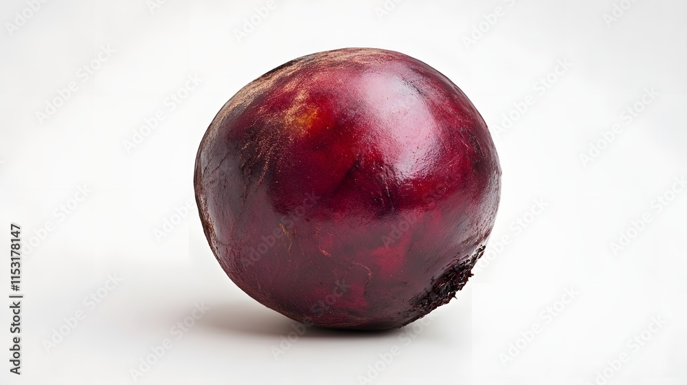 A single red beet root sits on a white background A single red beet root sits on a white background