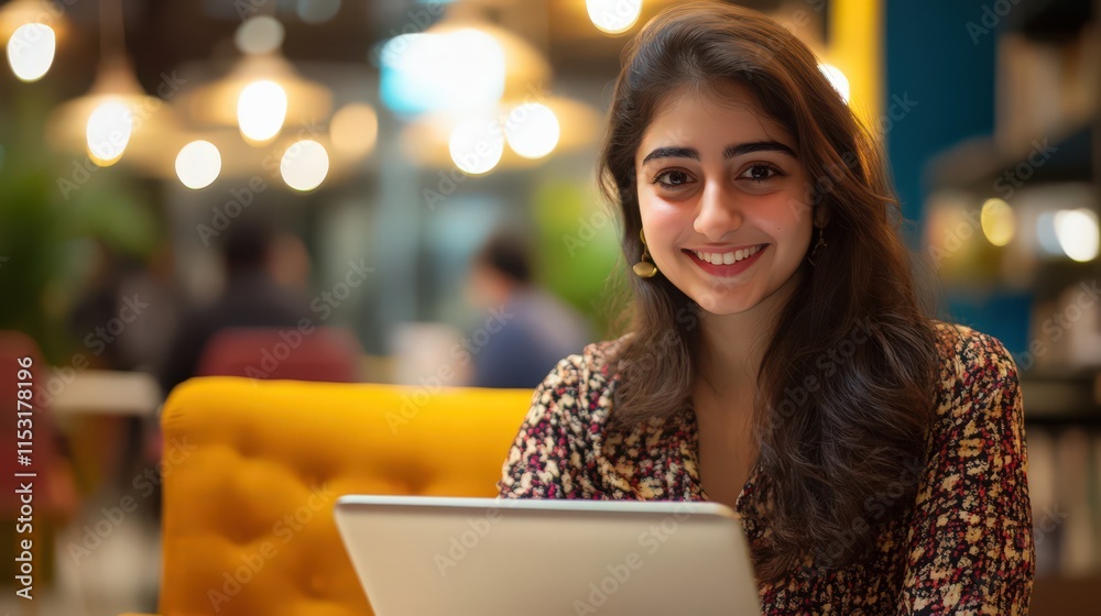 A happy young woman designing a website on her tablet in a modern co-working space, surrounded by other focused workers, combining digital creativity with a vibrant professional environment A happy young woman designing a website on her tablet in a modern co-working space, surrounded by other focused workers, combining digital creativity with a vibrant professional environment
