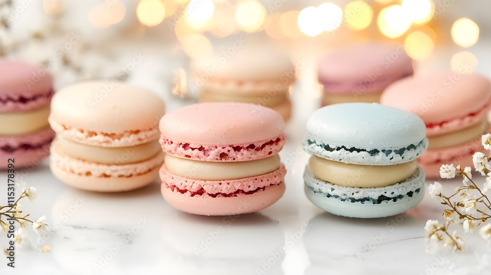 Fototapeta premium pastel macarons on marble background - pastel colors
