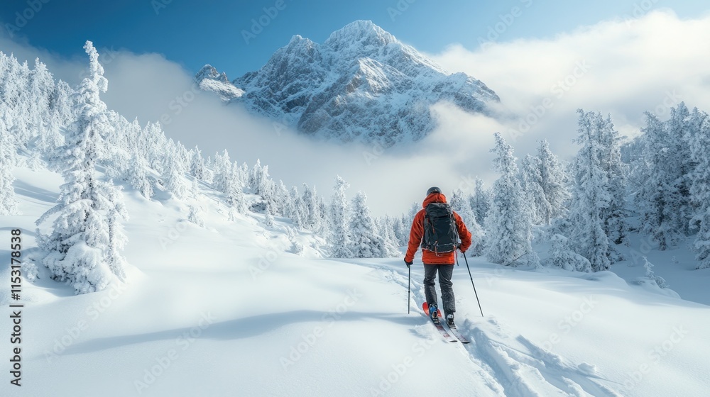 A person skiing through a snowy landscape with majestic mountains in the background. A person skiing through a snowy landscape with majestic mountains in the background.