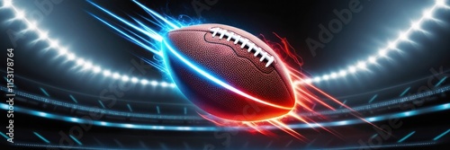 American football with neon red blue energy in a futuristic stadium. Banner wide