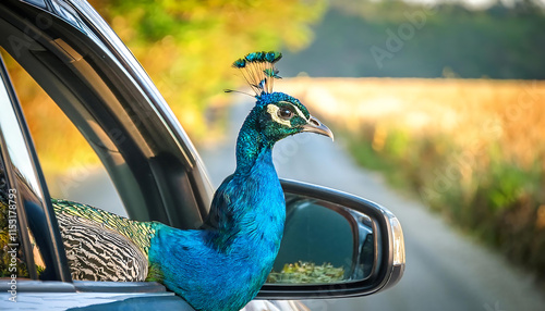 A Majestic Peacock Peeking Out of a Car Window photo