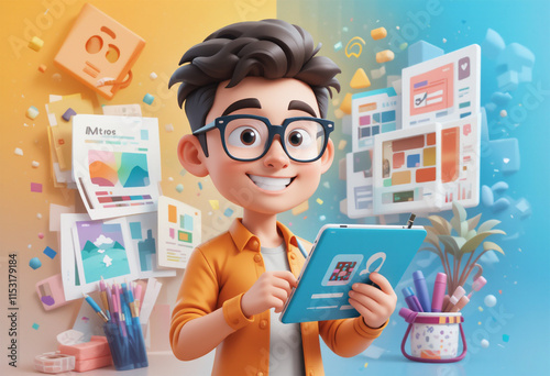 A creative 3D cartoon of a designer holding a tablet, surrounded by design elements