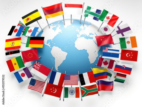 Colorful representation of national flags surrounding a blue globe symbolizing global unity and diversity, suitable for themes of international collaboration and cultural exchange. photo