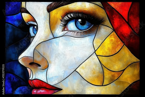 A vibrant, stylized portrait of a woman with striking blue eyes and colorful stained glass features, showcasing artistic creativity and emotion.