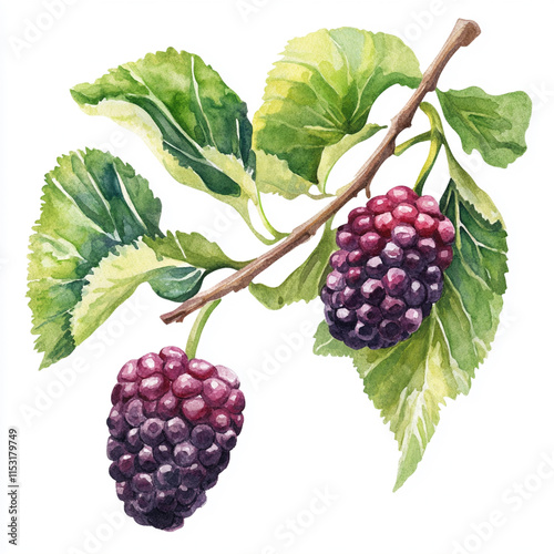 Watercolor Illustration of Fresh Blackberries on a Branch