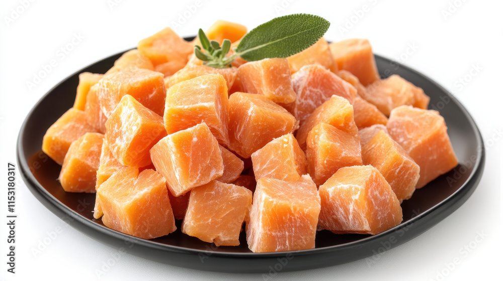 Piles of softly hued, yellow-orange diced meat-like cubes, arranged organically on a modern matte-black ceramic plate, with a single herb leaf delicately placed, extremely realistic texture with a fre Piles of softly hued, yellow-orange diced meat-like cubes, arranged organically on a modern matte-black ceramic plate, with a single herb leaf delicately placed, extremely realistic texture with a fre