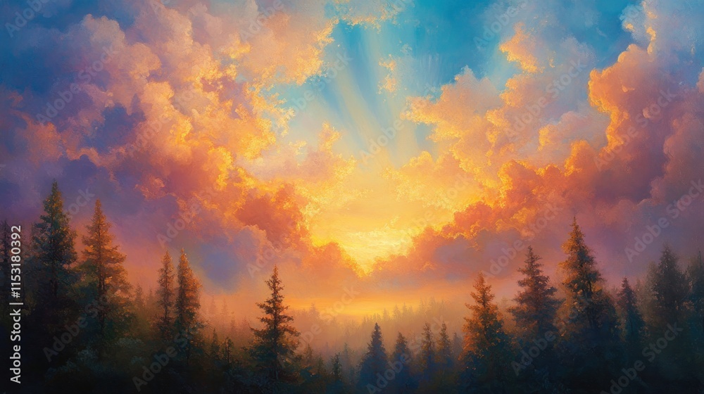 A vibrant sunset over a serene forest, showcasing dramatic clouds and warm colors.