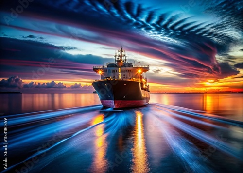 Long Exposure of Oil Tanker at Sea, Dramatic Night Lights, Shipping Industry