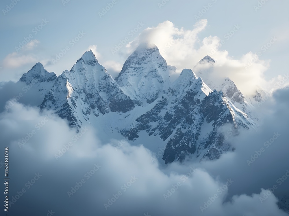Mountain landscape with snow and clouds. Panoramic view. generated by AI Mountain landscape with snow and clouds. Panoramic view. generated by AI