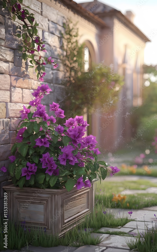 Fototapeta premium Bougainvillea flowers in a wooden box on the background of a stone wall. generated by AI