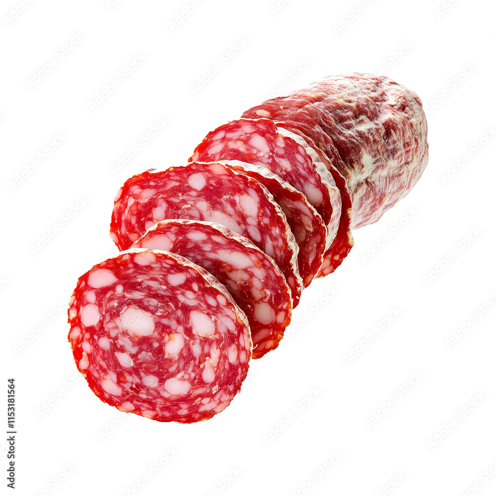 Close-up of Saucisson Sec slices isolated on white transparent background. Concept of fresh deli meat and gourmet food. Close-up of Saucisson Sec slices isolated on white transparent background. Concept of fresh deli meat and gourmet food.