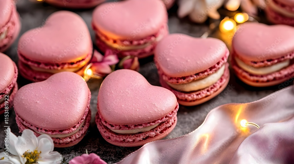Obraz premium pink heart macarons, valentine's day sweets - valentine's day