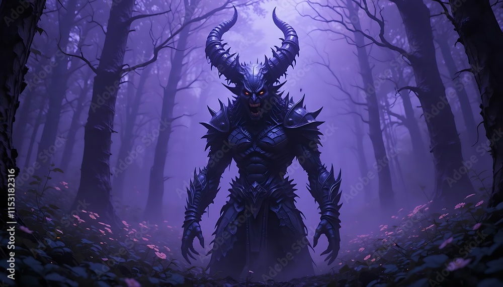 Fototapeta premium The Dark Lord of the Purple Forest: A Digital Painting of a fearsome demon in a mystical woodland