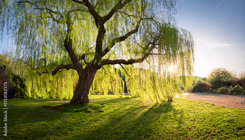 Fototapeta premium Long green tendrils of a magnificent willow sway with a soft breeze, creating a tranquil atmosphere as the morning sun casts gentle light across the lush green landscape
