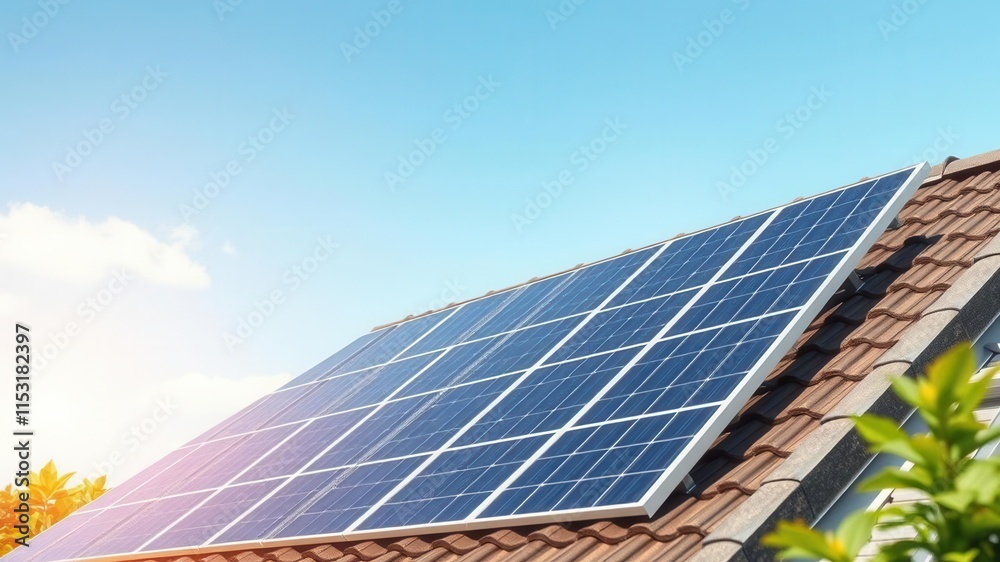 Fototapeta premium Solar Panels on Roof Against Clear Blue Sky with Sunlight Reflection, Modern Sustainable Energy Solution for Environmentally Friendly Homes and Buildings