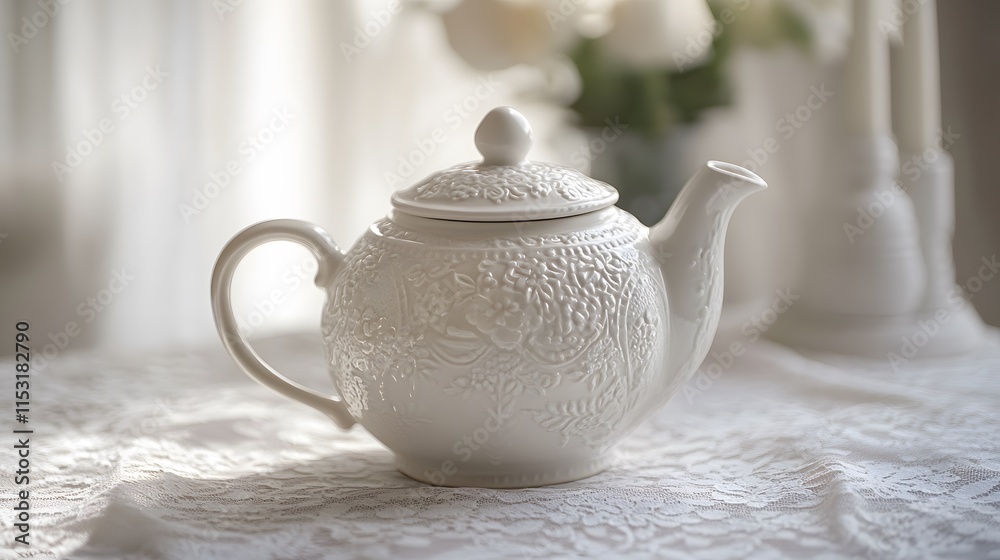 A white ceramic teapot with intricate designs, resting on a white lace tablecloth A white ceramic teapot with intricate designs, resting on a white lace tablecloth